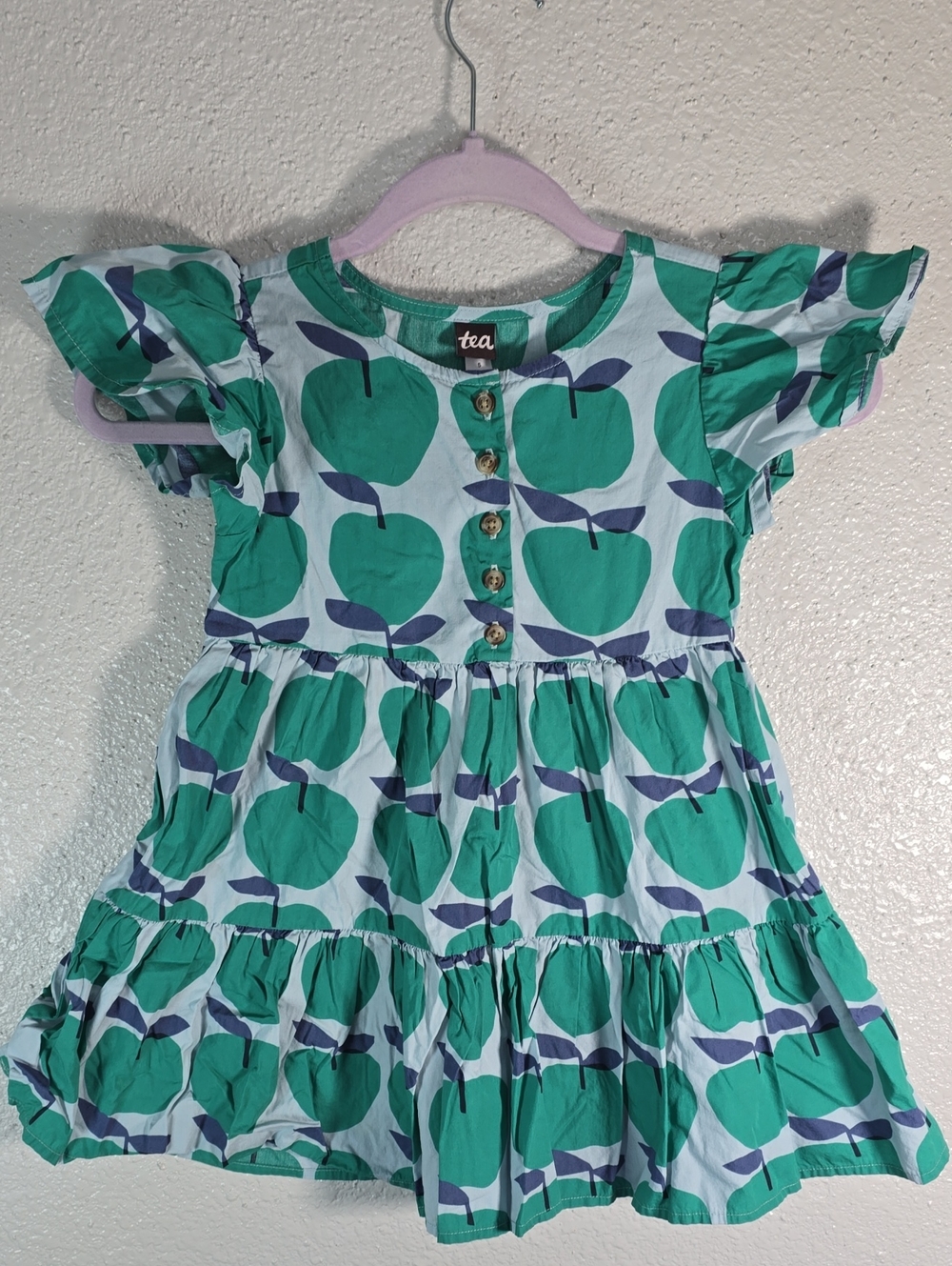 Tea Collection Green Apple Print Ruffled Kids Dress - Picture 1 of 9